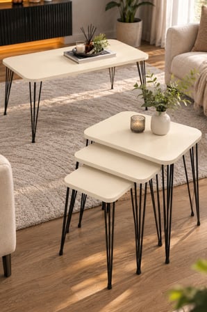 SuloraHome Siyah Tel Ayaklı Krem Rengi 4'lü Sehpa Seti
