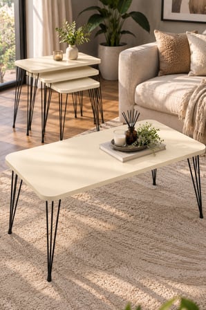 SuloraHome Siyah Tel Ayaklı Krem Rengi 4'lü Sehpa Seti