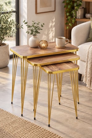 SuloraHome Ceviz Desenli Gold Metal Ayaklı 3'lü Zigon Sehpa Takımı