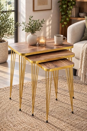 SuloraHome Ceviz Desenli Gold Metal Ayaklı 3'lü Zigon Sehpa Takımı