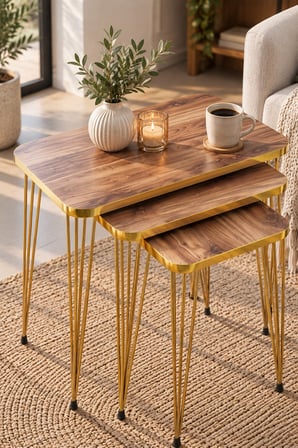 SuloraHome Ceviz Desenli Gold Metal Ayaklı 3'lü Zigon Sehpa Takımı