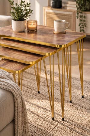 SuloraHome Ceviz Desenli Gold Metal Ayaklı 3'lü Zigon Sehpa Takımı