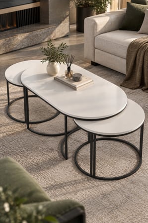 SuloraHome Beyaz Oval Sehpa Seti 3'lü Orta Sehpa Zigon ve Yan Sehpa Kombinasyonu