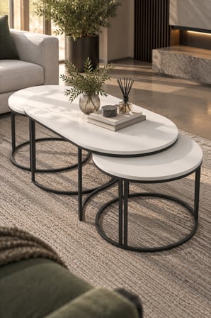 SuloraHome Beyaz Oval Sehpa Seti 3'lü Orta Sehpa Zigon ve Yan Sehpa Kombinasyonu