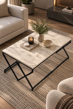 SuloraHome Bej Kare Orta Sehpa Siyah Metal Ayaklı