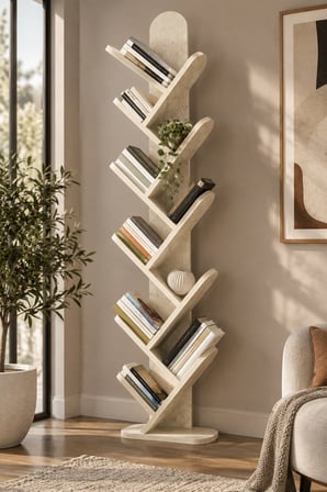 SuloraHome 10 Raflı Ekru Kitaplık 147 cm Traverten Desenli Dikey Kütüphane