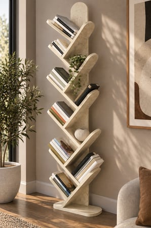 SuloraHome 10 Raflı Ekru Kitaplık 147 cm Traverten Desenli Dikey Kütüphane