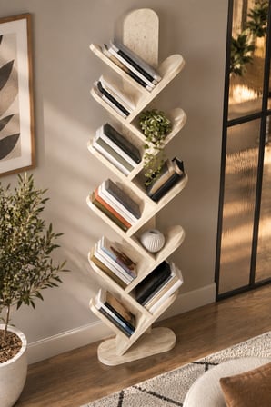 SuloraHome 10 Raflı Ekru Kitaplık 147 cm Traverten Desenli Dikey Kütüphane