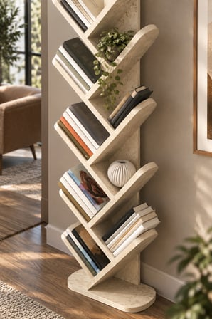 SuloraHome 10 Raflı Ekru Kitaplık 147 cm Traverten Desenli Dikey Kütüphane