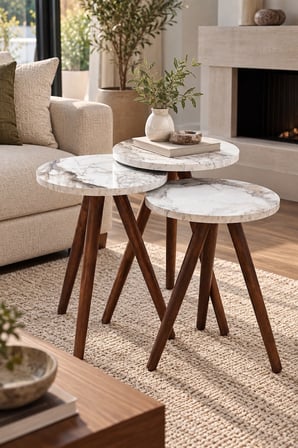 SuloraHome Torna Ahşap Ayaklı Mermer Desenli 3'lü Zigon Sehpa Takımı Beyaz