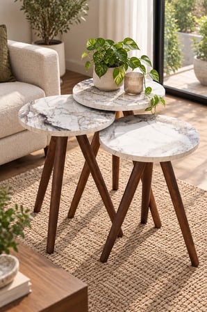 SuloraHome Torna Ahşap Ayaklı Mermer Desenli 3'lü Zigon Sehpa Takımı Beyaz