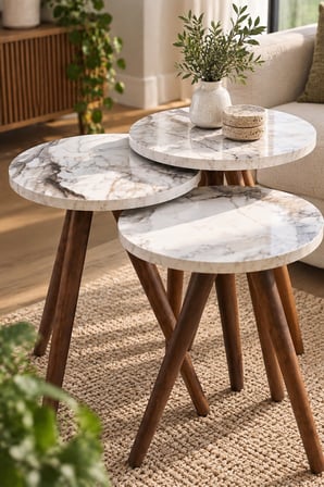 SuloraHome Torna Ahşap Ayaklı Mermer Desenli 3'lü Zigon Sehpa Takımı Beyaz