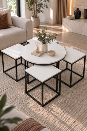 SuloraHome 5'li Sehpa Seti Beyaz Orta ve Zigon Sehpa Kombinasyonu