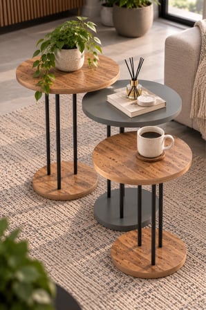 SuloraHome Ceviz ve Antrasit Renkli 3'lü Zigon Sehpa Takımı