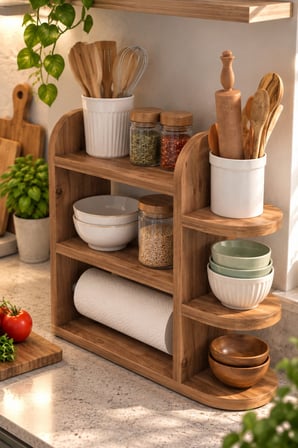SuloraHome Çam Desenli Mutfak Düzenleyici Raf ve Kağıt Havlu Askılı Stand