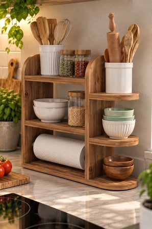 SuloraHome Çam Desenli Mutfak Düzenleyici Raf ve Kağıt Havlu Askılı Stand