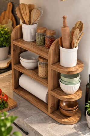 SuloraHome Çam Desenli Mutfak Düzenleyici Raf ve Kağıt Havlu Askılı Stand