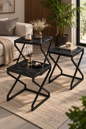 SuloraHome Modern Zigon Sehpa Seti Siyah Desenli ve Metal Ayaklı