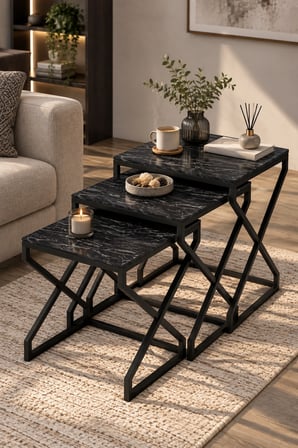 SuloraHome Modern Zigon Sehpa Seti Siyah Desenli ve Metal Ayaklı