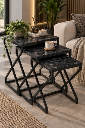 SuloraHome Modern Zigon Sehpa Seti Siyah Desenli ve Metal Ayaklı