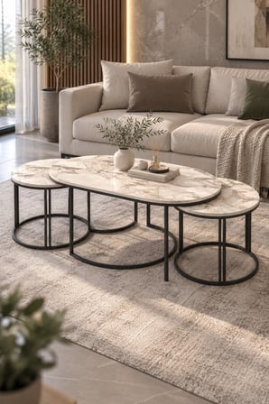 SuloraHome Efes Beyaz 3'lü Sehpa Seti Oval Mermer Desenli Metal Ayaklı
