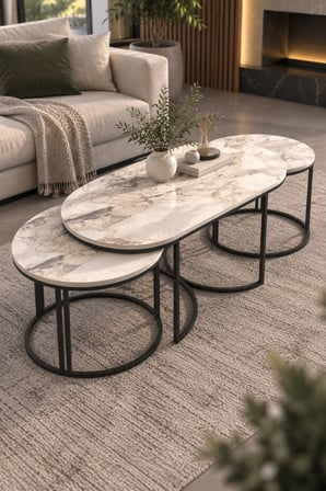 SuloraHome Efes Beyaz 3'lü Sehpa Seti Oval Mermer Desenli Metal Ayaklı