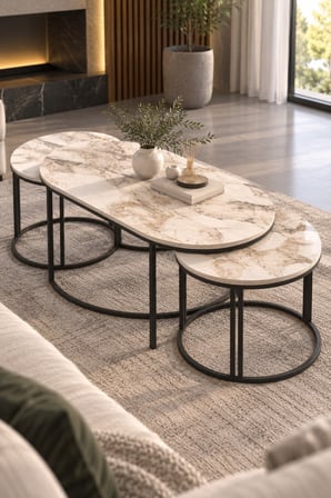 SuloraHome Efes Beyaz 3'lü Sehpa Seti Oval Mermer Desenli Metal Ayaklı