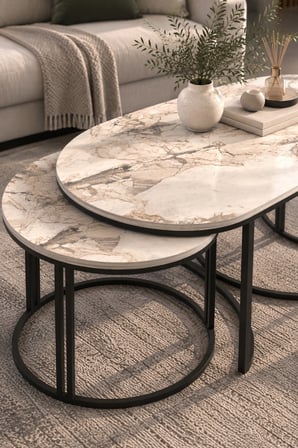 SuloraHome Efes Beyaz 3'lü Sehpa Seti Oval Mermer Desenli Metal Ayaklı