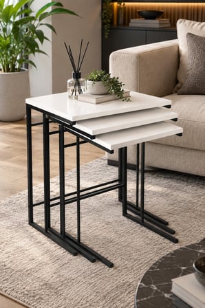 SuloraHome 3'lü Beyaz Zigon Sehpa Seti Metal Ayaklı Kare Tasarım