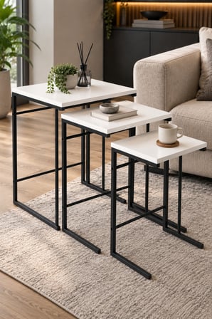 SuloraHome 3'lü Beyaz Zigon Sehpa Seti Metal Ayaklı Kare Tasarım