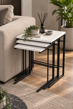 SuloraHome 3'lü Beyaz Zigon Sehpa Seti Metal Ayaklı Kare Tasarım
