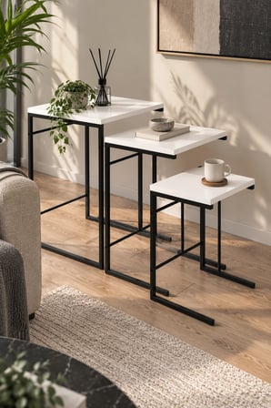SuloraHome 3'lü Beyaz Zigon Sehpa Seti Metal Ayaklı Kare Tasarım