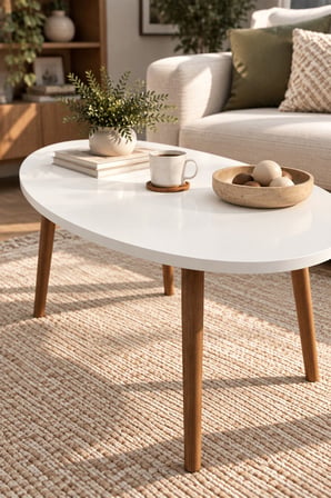SuloraHome Torna Ayaklı Oval Orta Sehpa Beyaz