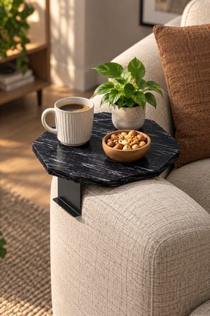 SuloraHome Ayarlanabilir Sekizgen Yan Sehpa Siyah Mermer Desenli