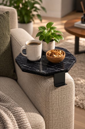 SuloraHome Ayarlanabilir Sekizgen Yan Sehpa Siyah Mermer Desenli