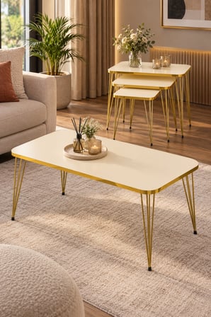 SuloraHome Gold Tel Ayaklı 4'lü Sehpa Seti Krem