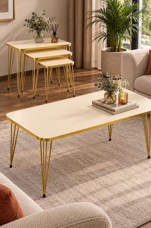 SuloraHome Gold Tel Ayaklı 4'lü Sehpa Seti Krem