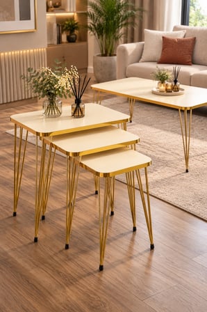 SuloraHome Gold Tel Ayaklı 4'lü Sehpa Seti Krem