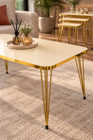 SuloraHome Gold Tel Ayaklı 4'lü Sehpa Seti Krem