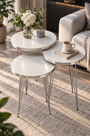 SuloraHome Gümüş Beyaz 3'lü Zigon Sehpa Seti