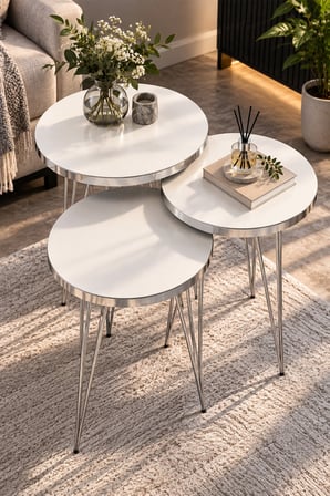 SuloraHome Gümüş Beyaz 3'lü Zigon Sehpa Seti