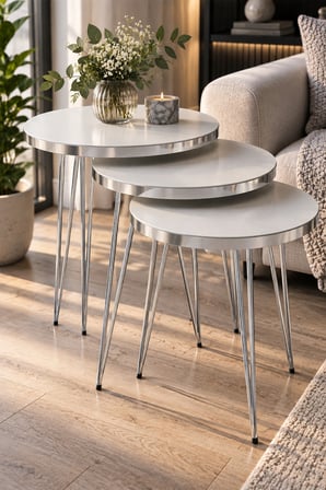 SuloraHome Gümüş Beyaz 3'lü Zigon Sehpa Seti