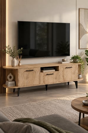 SuloraHome Bej Renkli Suntalam TV Sehpası 160 cm 3 Kapaklı ve Raflı