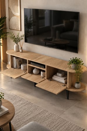 SuloraHome Bej Renkli Suntalam TV Sehpası 160 cm 3 Kapaklı ve Raflı