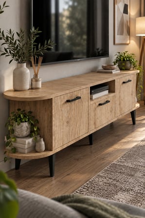 SuloraHome Bej Renkli Suntalam TV Sehpası 160 cm 3 Kapaklı ve Raflı