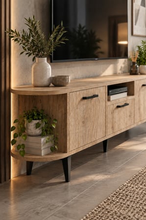 SuloraHome Bej Renkli Suntalam TV Sehpası 160 cm 3 Kapaklı ve Raflı