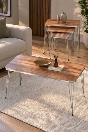 SuloraHome Ceviz Desenli Gümüş Metal Ayaklı 4'lü Sehpa Seti