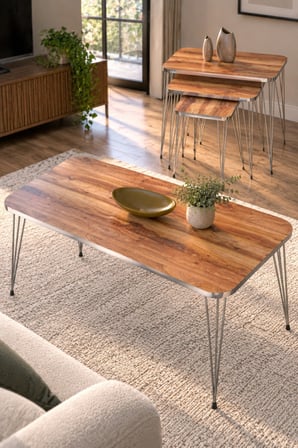 SuloraHome Ceviz Desenli Gümüş Metal Ayaklı 4'lü Sehpa Seti