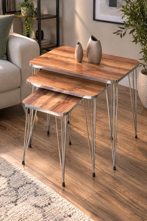 SuloraHome Ceviz Desenli Gümüş Metal Ayaklı 4'lü Sehpa Seti