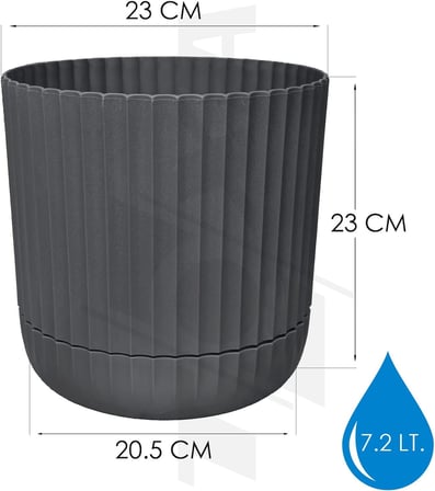 Sütun Saksı Kendinden Tabaklı Drenajlı Plastik Çiçek Saksısı (1 Adet, Antrasit, 7.2 Litre)